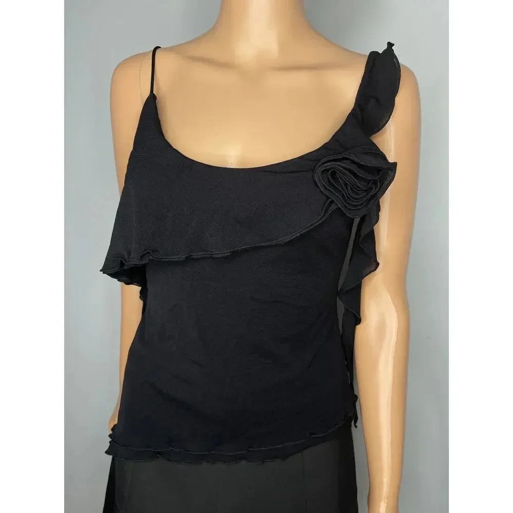 Free People Ruffle Asymmetric Mesh Top size Medium Black New Y2K - Picture 3 of 11